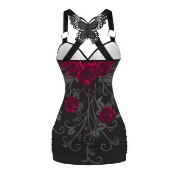 Rose Print Ruched Butterfly Lace Cross Tank Top O Ring Surplice Summer Top 