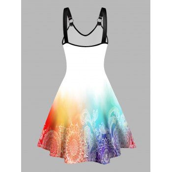 Colorful Ombre Print V Neck Dress O Ring Straps Sleeveless A Line Tank Dress