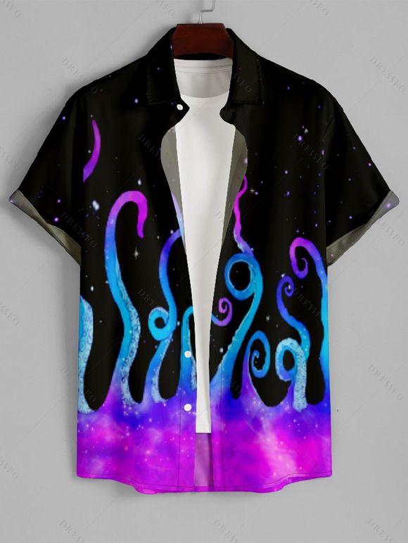 Men's Galaxy Octopus Print Roll Up Sleeve Shirt Button Up Short Sleeve Casual Gentleman Shirt - Noir XL
