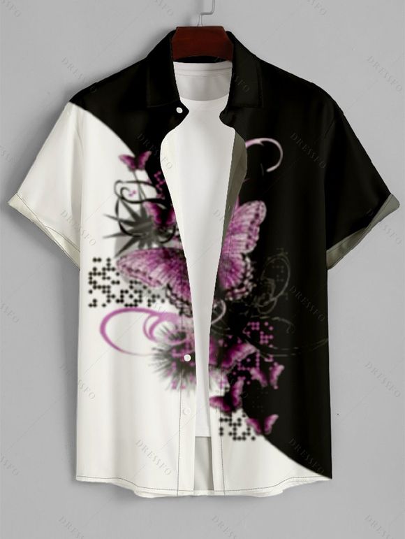 Men's Butterfly Print Roll Up Sleeve Shirt Button Up Short Sleeve Casual Gentleman Shirt - Noir XL