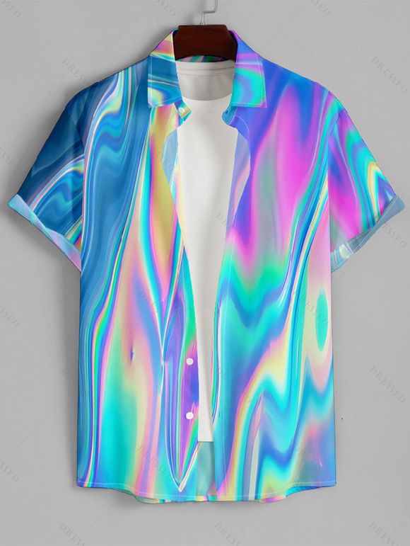 Men's Colorful Reflective Print Roll Up Sleeve Shirt Button Up Short Sleeve Casual Gentleman Shirt - Bleu clair XL