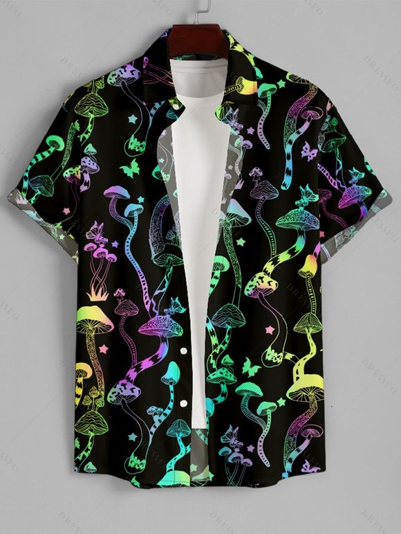 Men's Sparking Mushroom Print Roll Up Sleeve Shirt Button Up Short Sleeve Casual Gentleman Shirt - Noir XL