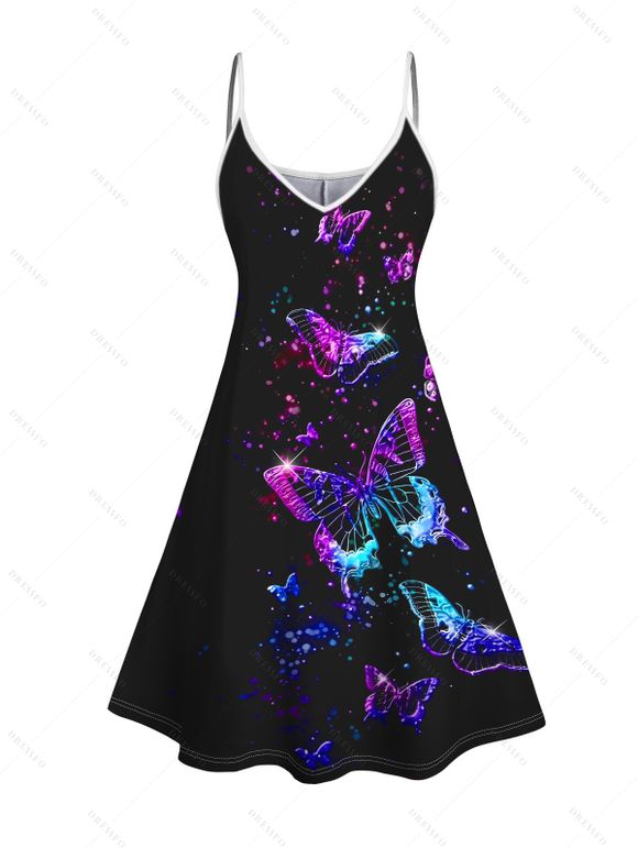 Colorful Butterfly Print V Neck Dress O Ring Straps Sleeveless A Line Tank Dress - Noir XXL | US 14