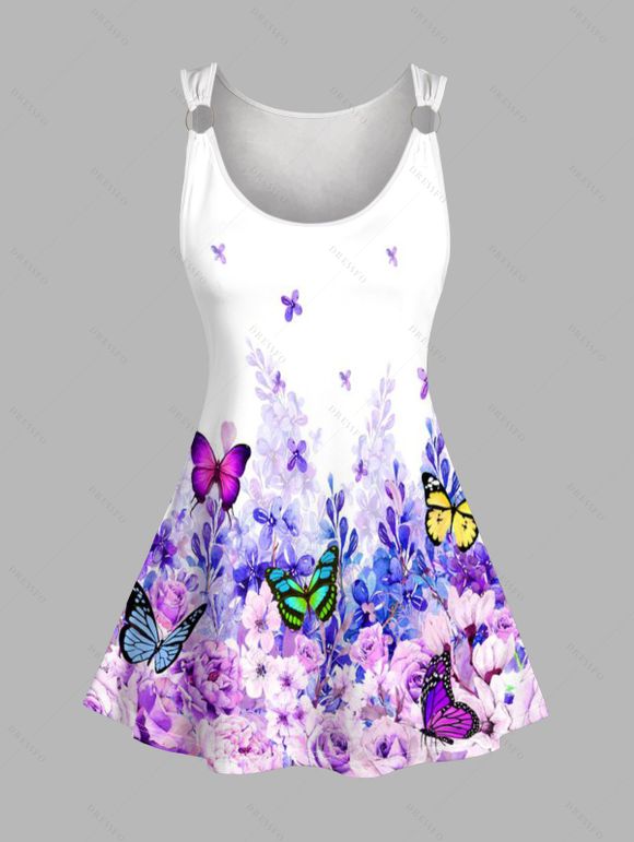 Butterfly Flower Print O Ring Round Neck Sleeveless Tank Top - Blanc L | US 8-10