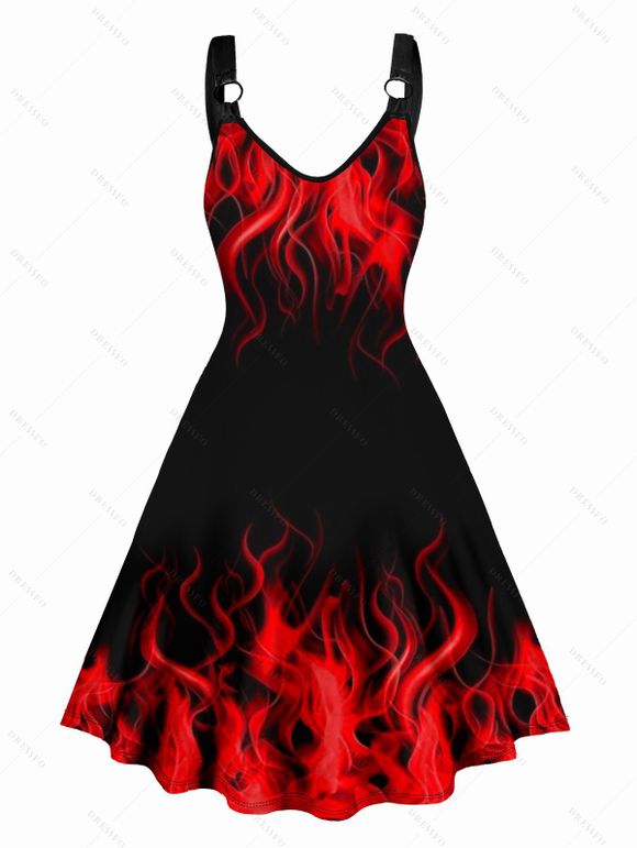 Flames Print V Neck Dress O Ring Straps Sleeveless A Line Summer Tank Dress - Noir S | US 4