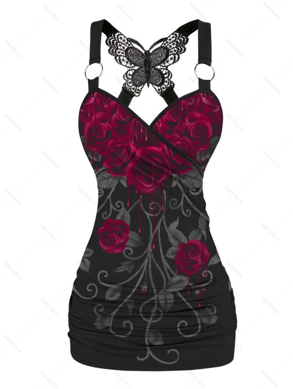Rose Print Ruched Butterfly Lace Cross Tank Top O Ring Surplice Summer Top - Noir S | US 4