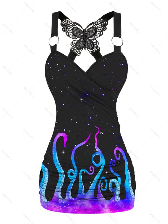 Galaxy Octopus Print Ruched Butterfly Lace Cross Tank Top O Ring Surplice Summer Top - Noir XL | US 12
