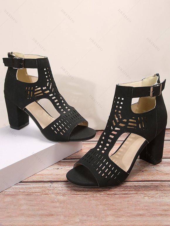 New Solid Hollow Out Chunky High Heel Buckle Zipper Sandals - Noir EU 42