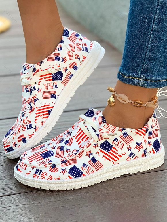 New Independence Day American Flag Pattern Lace-Up Round Toe Sports Canvas Flat Shoes - multicolor EU 43