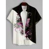Men's Butterfly Print Roll Up Sleeve Shirt Button Up Short Sleeve Casual Gentleman Shirt - Noir L