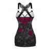 Rose Print Ruched Butterfly Lace Cross Tank Top O Ring Surplice Summer Top - Noir XL | US 12