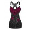 Rose Print Ruched Butterfly Lace Cross Tank Top O Ring Surplice Summer Top - Noir XXL | US 14