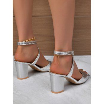 Simple High Chunky Heel Square Toe Faux Rhinestone Buckle Sandals