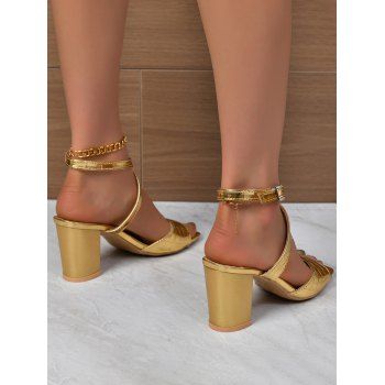 Simple High Chunky Heel Square Toe Faux Rhinestone Buckle Sandals