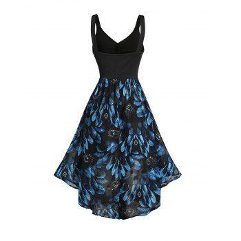Feather Jacquard Patchwork Ruched Bust Sleeveless Summer Tank Asymmetric Dress 