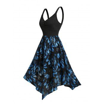 Feather Jacquard Patchwork Ruched Bust Sleeveless Summer Tank Asymmetric Dress 