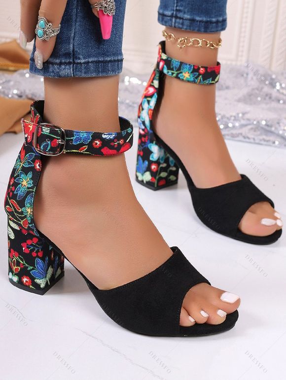 New Floral Print Buckle High-Heeled Summer Sandals - Noir EU 40