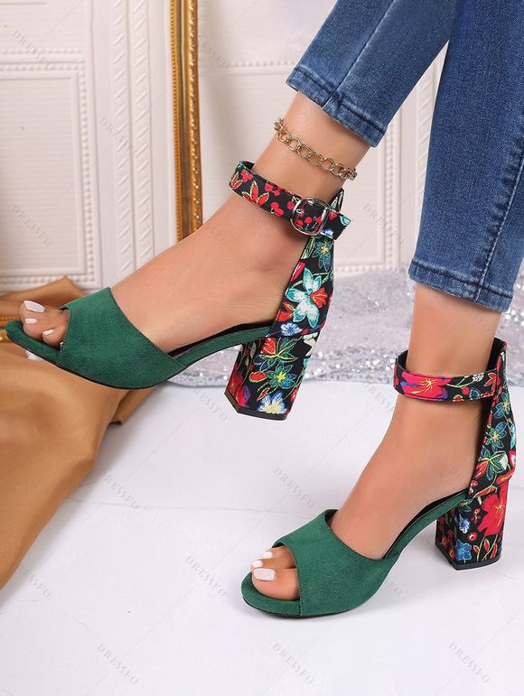 New Floral Print Buckle High-Heeled Summer Sandals - Vert profond EU 43