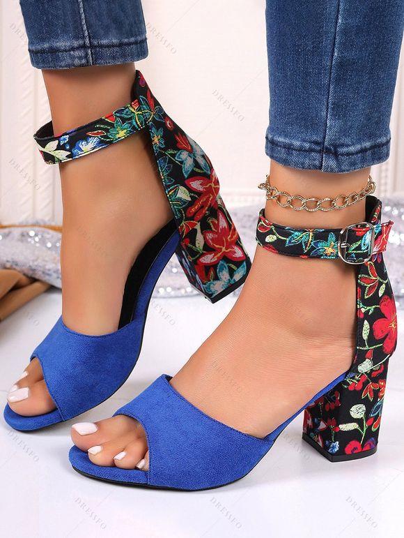 New Floral Print Buckle High-Heeled Summer Sandals - Bleu EU 43