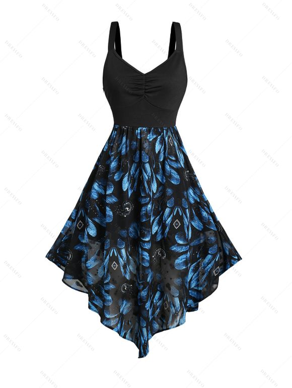 Feather Jacquard Patchwork Ruched Bust Sleeveless Summer Tank Asymmetric Dress - Bleu XXL | US 14