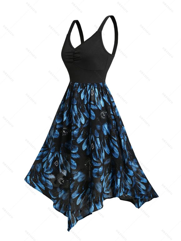 Robe D'Eté Asymétrique Plume Jointif Au Poitrine en Jacquard sans Manches - Bleu S | US 4
