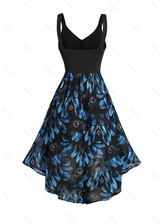 Robe D'Eté Asymétrique Plume Jointif Au Poitrine en Jacquard sans Manches - Bleu S | US 4