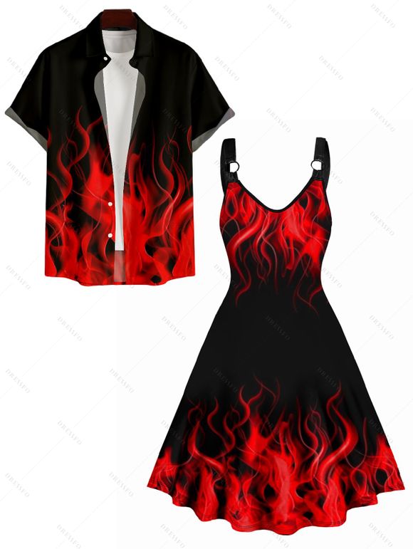 Flames Print Women's V Neck O Ring Straps Dress and Men's Button Up Shirt Outfit - Noir S | US 4