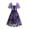 Butterfly Lace Patchwork Grommet Strap Lace Up Dress Mesh Overlay Short Sleeve Dress - Pourpre S | US 4