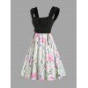 Floral Print Patchwork Lace Up Ruched Bust Dress Square Neck High Wasited Summer Dress - Noir S | US 4