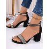 New Open Toe Faux Crystal Chunky Heel Zipper Sandals - Noir EU 39