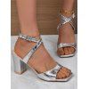 Simple High Chunky Heel Square Toe Faux Rhinestone Buckle Sandals - Argent EU 36