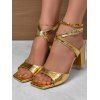 Simple High Chunky Heel Square Toe Faux Rhinestone Buckle Sandals - d'or EU 36