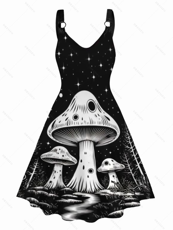 Galaxy Night Mushroom Print V Neck Dress O Ring Straps Sleeveless A Line Tank Dress - Noir XXL | US 12