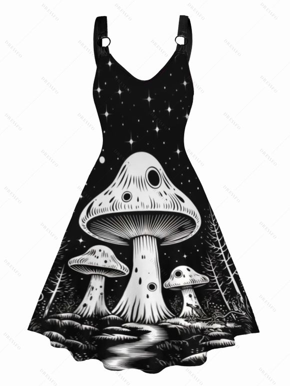 Galaxy Night Mushroom Print V Neck Dress O Ring Straps Sleeveless A Line Tank Dress - Noir M | US 6