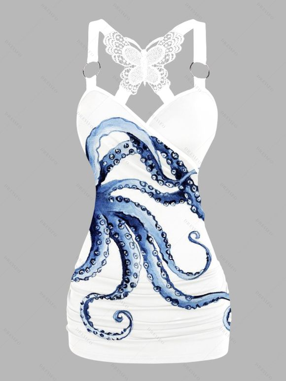 Octopus Foot Print Tank Top Lace Butterfly Back Ruched Surplice O Ring Strap Tank Top - Blanc XL | US 12