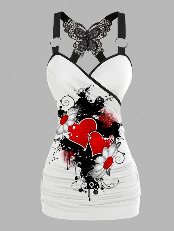 Heart Floral Print Tank Top Lace Butterfly Back Ruched Surplice O Ring Strap Tank Top - Blanc XXL | US 14