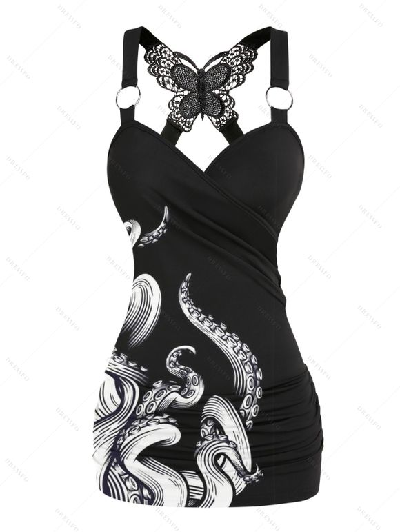 Octopus Print Tank Top Lace Butterfly Back Ruched Surplice O Ring Strap Tank Top - Noir L | US 8-10