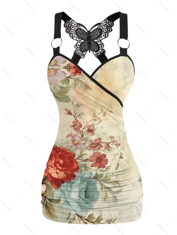 Peony Floral Print Tank Top Lace Butterfly Back Ruched Surplice O Ring Strap Tank Top - café lumière S | US 4