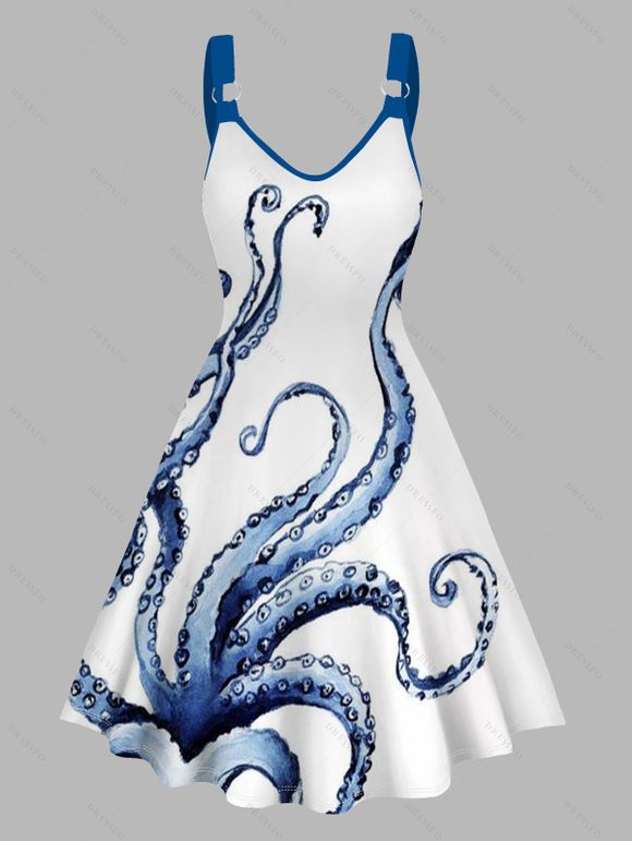 Octopus Foot Print V Neck Dress O Ring Straps Sleeveless A Line Tank Dress - Blanc XXL | US 12