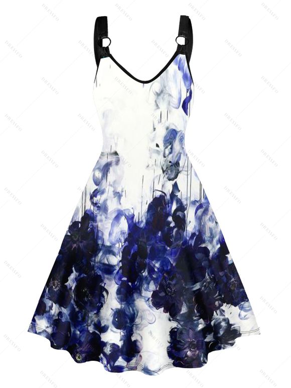 Tie Dye Artistic Print V Neck Dress O Ring Straps Sleeveless A Line Tank Dress - Bleu profond M | US 6