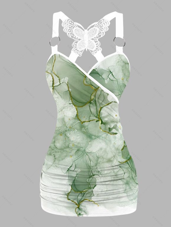 Greeen Turquoise Print Tank Top Lace Butterfly Back Ruched Surplice O Ring Strap Tank Top - Vert clair S | US 4