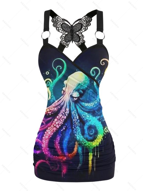 Colorful Octopus Print Tank Top Lace Butterfly Back Ruched Surplice O Ring Strap Tank Top - Noir XXL | US 14