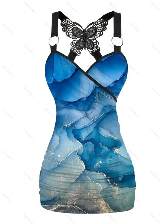 Turquoise Print Tank Top Lace Butterfly Back Ruched Surplice O Ring Strap Tank Top - Bleu Ciel XXL | US 14