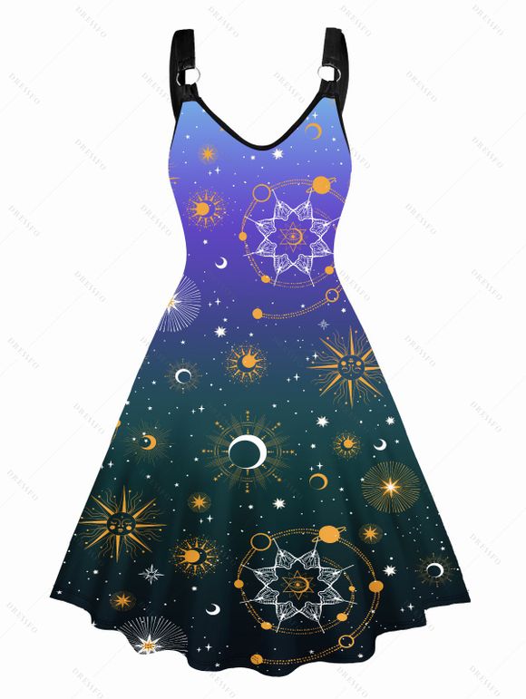 Galaxy Planet Graphic V Neck Dress O Ring Straps Sleeveless A Line Tank Dress - multicolor A L | US 8