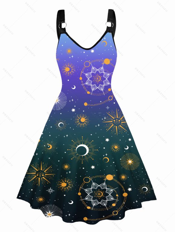 Galaxy Planet Graphic V Neck Dress O Ring Straps Sleeveless A Line Tank Dress - multicolor A XL | US 10