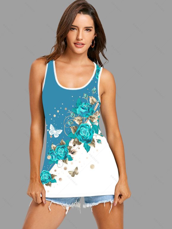 Contrast Butterfly Floral Print Round Neck Sleeveless Summer Tank Top - multicolor A XL | US 12