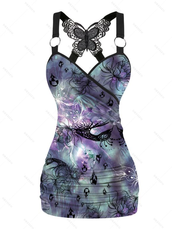 Floral Print Tank Top Lace Butterfly Back Ruched Surplice O Ring Strap Tank Top - Noir XL | US 12