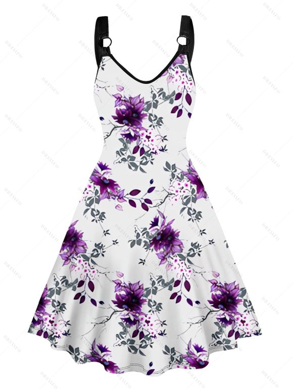 Folwer Print Hem V Neck Dress O Ring Straps Sleeveless A Line Tank Dress - Blanc XXL | US 12