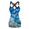 Turquoise Print Tank Top Lace Butterfly Back Ruched Surplice O Ring Strap Tank Top - Bleu Ciel XL | US 12