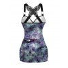 Floral Print Tank Top Lace Butterfly Back Ruched Surplice O Ring Strap Tank Top - Noir XL | US 12